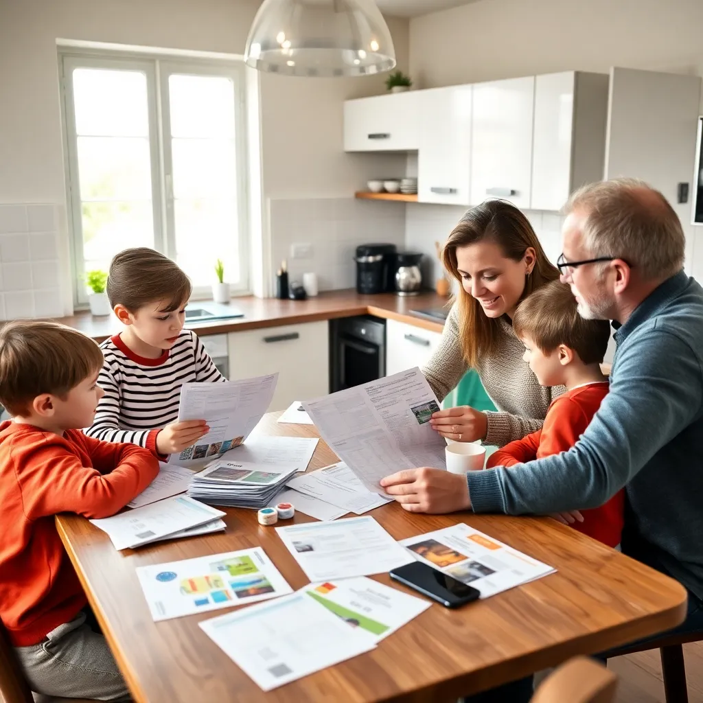 Nederlandse familie bekijkt energierekening aan keukentafel