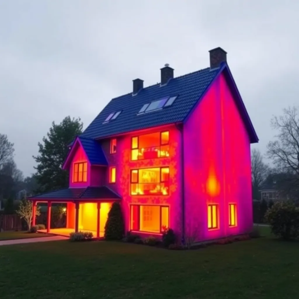 Thermografische afbeelding van een woning die warmteverlies toont